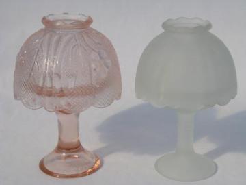 catalog photo of lot of two vintage candle lamps or fairy lights, pink and satin glass