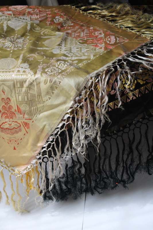 photo of lot of two vintage fringed satin Taj Mahal piano shawls, large scarf or table cover #1