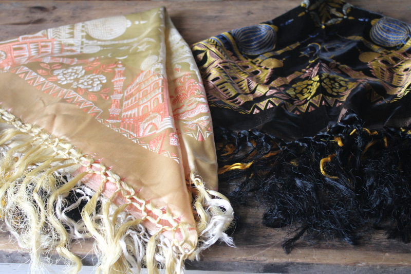 photo of lot of two vintage fringed satin Taj Mahal piano shawls, large scarf or table cover #6