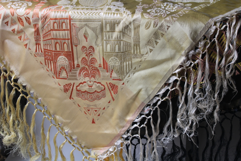 photo of lot of two vintage fringed satin Taj Mahal piano shawls, large scarf or table cover #7