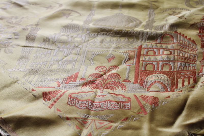 photo of lot of two vintage fringed satin Taj Mahal piano shawls, large scarf or table cover #8