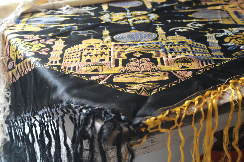 photo of lot of two vintage fringed satin Taj Mahal piano shawls, large scarf or table cover #9