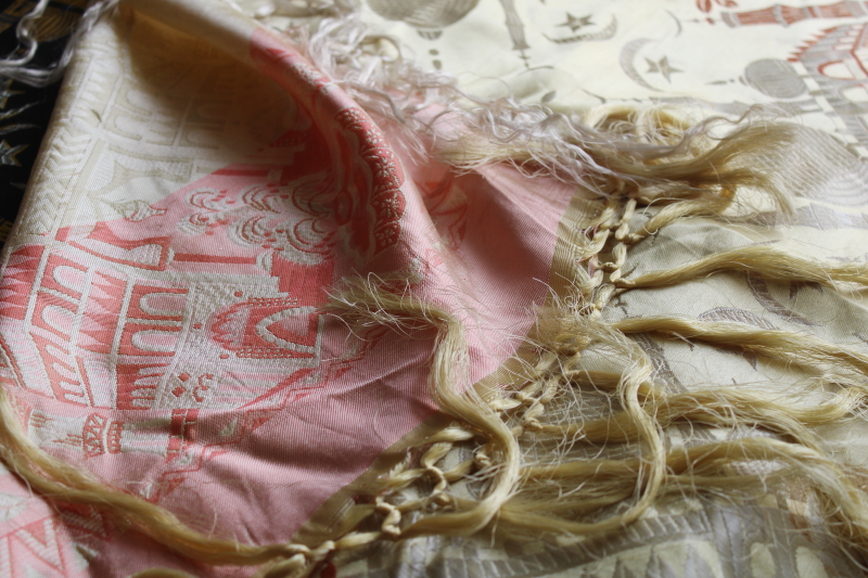 photo of lot of two vintage fringed satin Taj Mahal piano shawls, large scarf or table cover #11