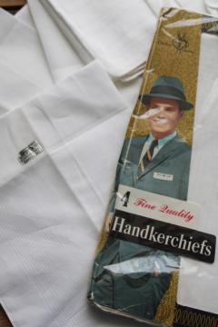 catalog photo of lot of unused white cotton handkerchiefs, 12 mens hankies and box set w/ man in fedora 