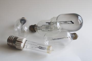 catalog photo of lot of unusual large old light bulbs, spotlight and specialty industrial vintage lightbulbs 