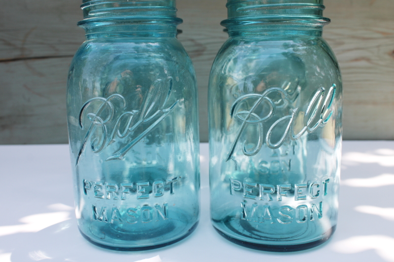 photo of lot of vintage Ball Perfect Mason aqua blue glass quart canning jars #3