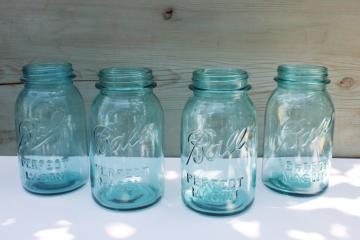 catalog photo of lot of vintage Ball Perfect Mason aqua blue glass quart canning jars