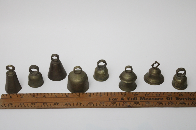 photo of lot of vintage Bells of Sarna bells, etched solid brass prayer bells made in India #2