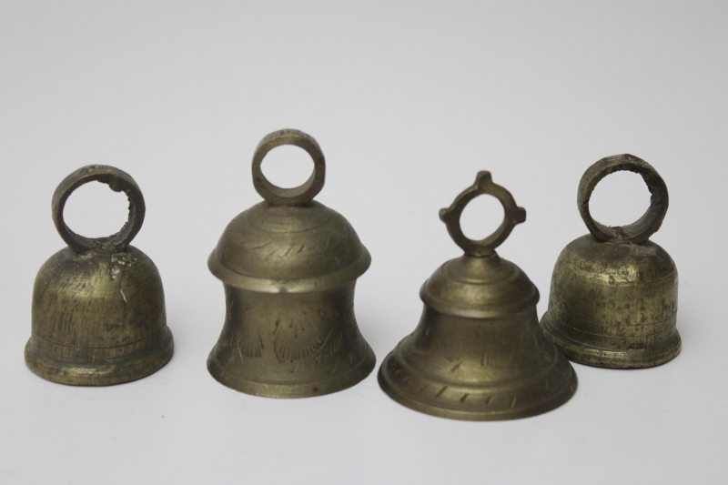 photo of lot of vintage Bells of Sarna bells, etched solid brass prayer bells made in India #5