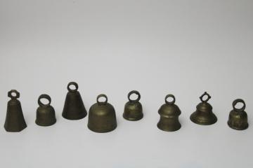 photo of lot of vintage Bells of Sarna bells, etched solid brass prayer bells made in India