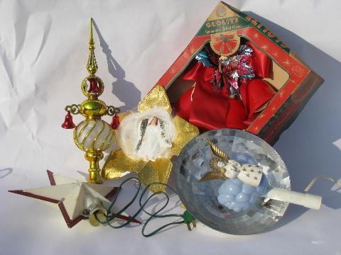 photo of lot of vintage Christmas decorations, angel hair tree toppers, bell lights etc. #1