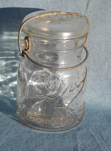 photo of lot of vintage Dray 1 pt fruit jars w/glass & wire bail lids 1920 pat #3