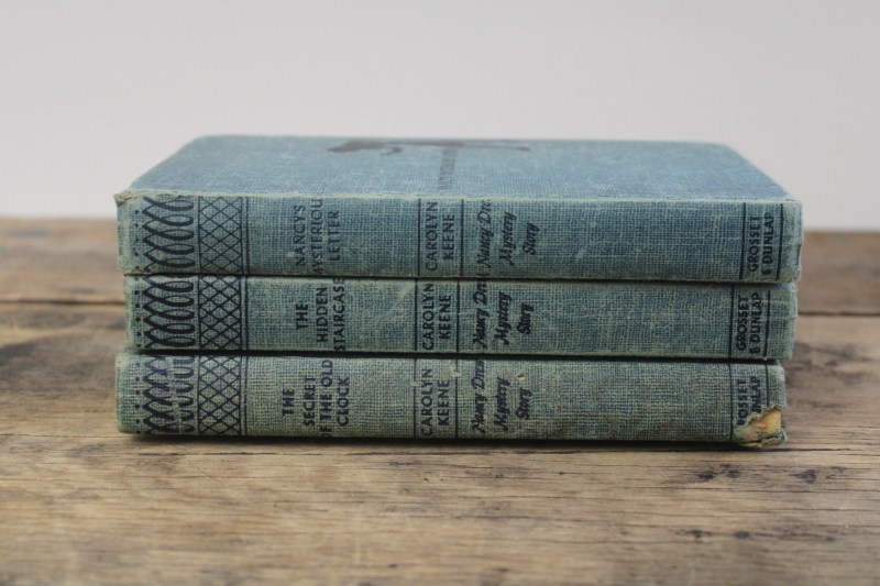 photo of lot of vintage Nancy Drew books, blue tweed covers mystery digger print endpapers  #1