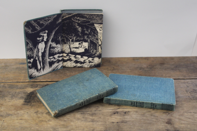 photo of lot of vintage Nancy Drew books, blue tweed covers mystery digger print endpapers  #3