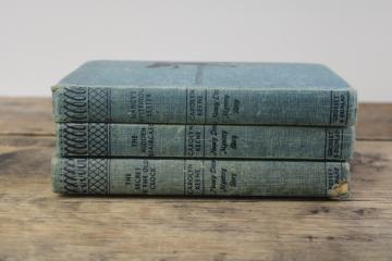 catalog photo of lot of vintage Nancy Drew books, blue tweed covers mystery digger print endpapers 