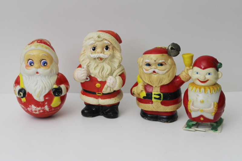 photo of lot of vintage Santa & Christmas elf plastic toys, wind up walkers & roly poly doll #1