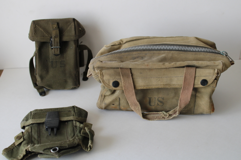 photo of lot of vintage US military bags, beat to hell worn used tactical pouches & drab cotton zipper bag  #1