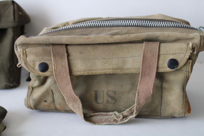 photo of lot of vintage US military bags, beat to hell worn used tactical pouches & drab cotton zipper bag  #8