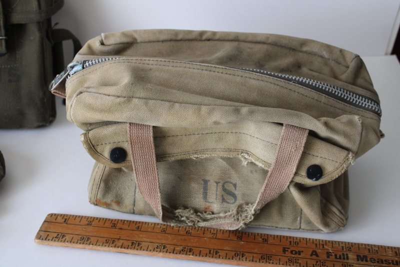 photo of lot of vintage US military bags, beat to hell worn used tactical pouches & drab cotton zipper bag  #11
