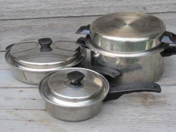 catalog photo of lot of vintage Vollrath cookware stainless steel kitchen pans