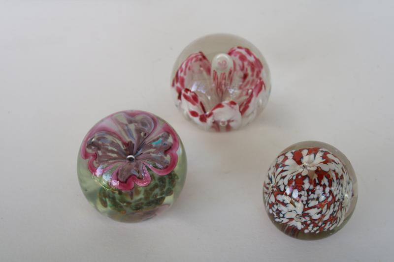 photo of lot of vintage art glass paperweights, murano style flowers & encased bubbles #1