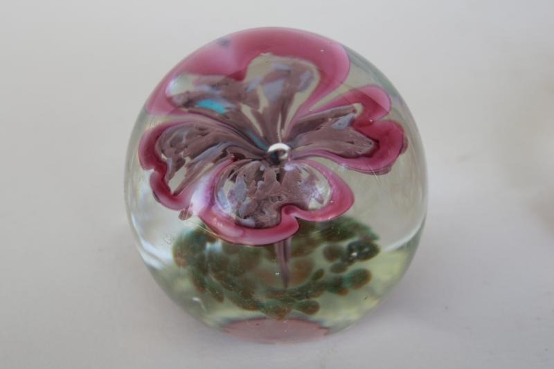 photo of lot of vintage art glass paperweights, murano style flowers & encased bubbles #4