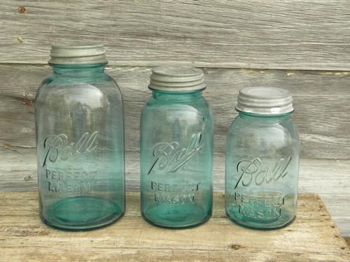 photo of lot of vintage blue glass Ball mason storage jars or canisters 2 qt, 1.25 qt, 1qt #1