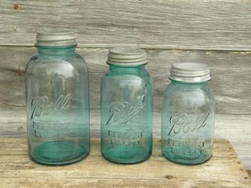 catalog photo of lot of vintage blue glass Ball mason storage jars or canisters 2 qt, 1.25 qt, 1qt