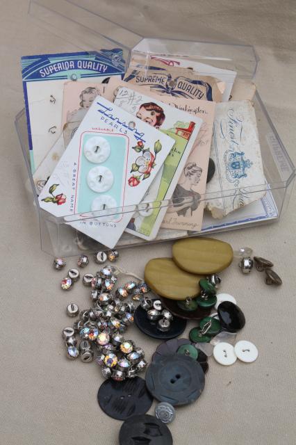 photo of lot of vintage buttons, rhinestone diamond dress buttons, bakelite coat buttons #1