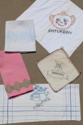 photo of lot of vintage cottage kitchen linens, towels, embroidered table runners etc. #9