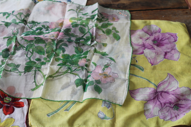 photo of lot of vintage cotton hankies, bright spring colors & flower prints, fun retro florals #6