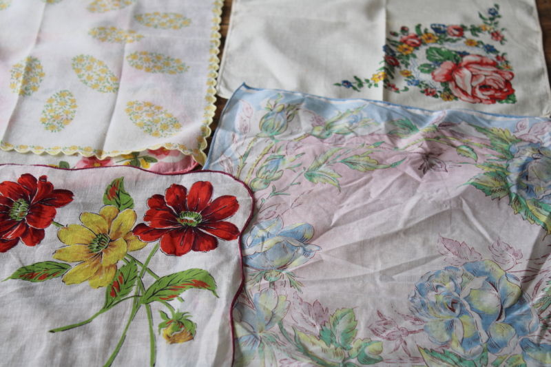 photo of lot of vintage cotton hankies, bright spring colors & flower prints, fun retro florals #7