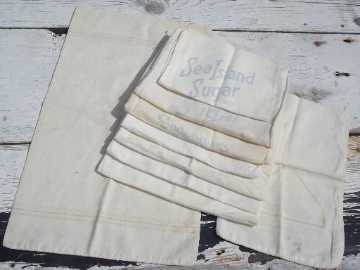 photo of lot of vintage cotton sugar sacks, primitive old feed sack fabric #1