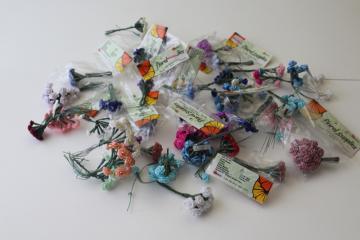 catalog photo of lot of vintage flower picks, tiny ribbon roses on florists wire, craft flowers