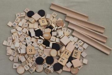 catalog photo of lot of vintage game pieces - wood scrabble letters, number tiles, checkers