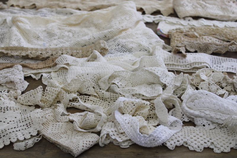 photo of lot of vintage handmade crochet lace edgings, salvaged antique sewing trims #1