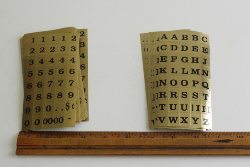 photo of lot of vintage letters & numbers sign / label stickers, metallic gold w/ black #1