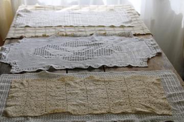 catalog photo of lot of vintage linens to upcycle, crochet lace table runners for sewing projects or crafts