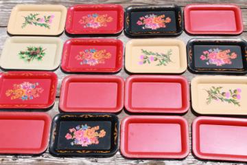 catalog photo of lot of vintage metal tip trays, tiny tole trays w/ flowers, thistles, pinecones