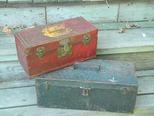 photo of lot of vintage metal tool and storage boxes with shabby old paint #1
