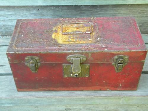 photo of lot of vintage metal tool and storage boxes with shabby old paint #2