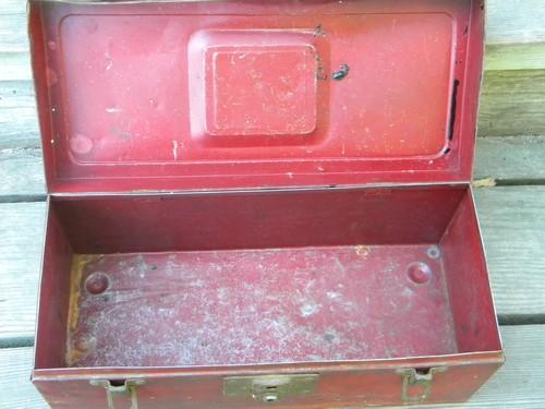 photo of lot of vintage metal tool and storage boxes with shabby old paint #3