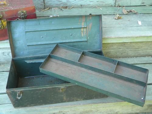 photo of lot of vintage metal tool and storage boxes with shabby old paint #5