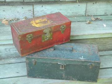 catalog photo of lot of vintage metal tool and storage boxes with shabby old paint