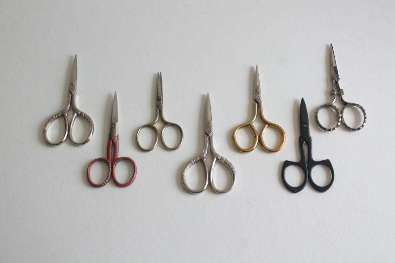 photo of lot of vintage needlework embroidery scissors, collection of tiny scissors #1