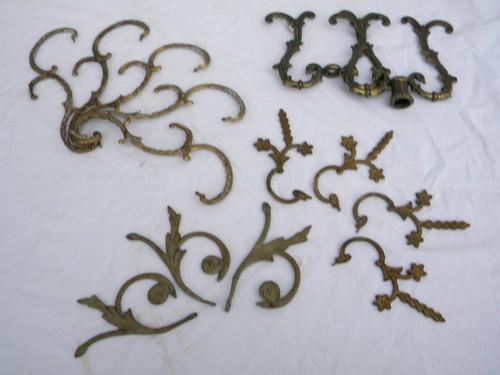 photo of lot of vintage ornate brass chandelier prism arms/parts for restoration #1