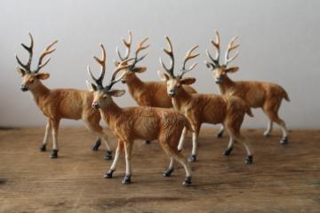 catalog photo of lot of vintage plastic deer, unmarked Christmas reindeer figurines, Rudolph hand painted red nose 