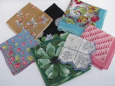 photo of lot of vintage printed cotton hankies, flowers, floral and leaf prints #1