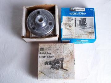 catalog photo of lot of vintage radial arm saw attachments/tools, depth gauge, rotary planer etc