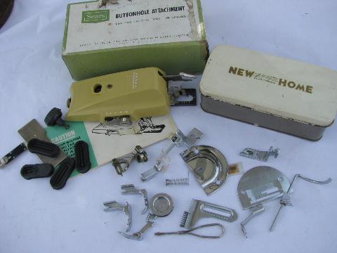 photo of lot of vintage sewing machine parts, specialty presser feet, stitchplate buttonhole etc #1